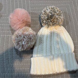 Cream Knit Beanie with Pom Poms